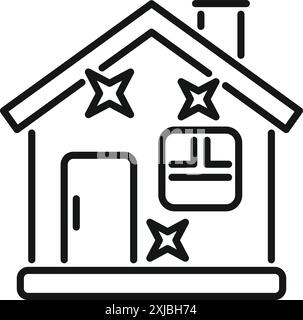 Line Art Icon Logo eines Hausreinigungsservice, mit leuchtenden Sternen für Sauberkeit Stock Vektor