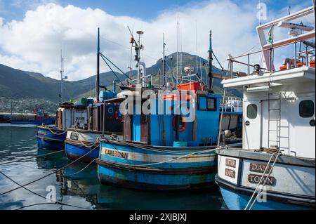 Farbenfrohe Boote legten im Hafen von Hout Bay, Kapstadt, Westkap, Südafrika an Stockfoto