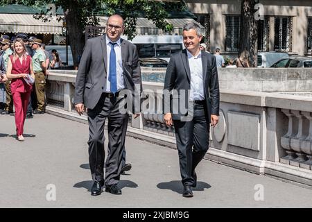 Saint Ouen, Paris, Frankreich. Juli 2024. Die Aktivierung des Anti-Terror-Perimeters (SILT), der seit dem 18. Juli 2024 anlässlich der Eröffnungszeremonie der Olympischen Spiele in Anwesenheit des Ministers für Inneres und Überseegebiete Gérald DARMANIN und des Präfekten von Paris, Marc Guillaume, Präfekt der Region Ile-de-France, eingerichtet wurde; der Polizeipräfekt und die Führungskräfte des Polizeipräsidiums. (Kreditbild: © Sadak Souici/ZUMA Press Wire) NUR REDAKTIONELLE VERWENDUNG! Nicht für kommerzielle ZWECKE! Stockfoto