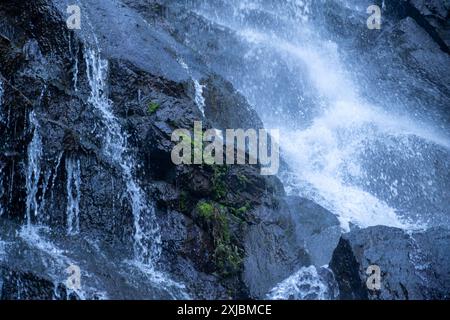 Ein lächelnder Mann steht in der Nähe eines kaskadierenden Wasserfalls auf nassen, dunklen Felsen, trägt einen Rucksack und Outdoor-Ausrüstung und genießt eine Naturwanderung Stockfoto