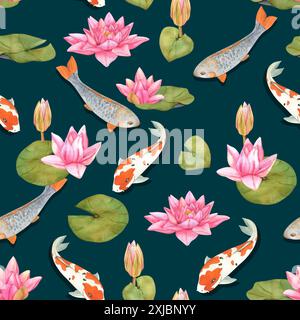 Illustration von Koi-Karpfen und Lotusblüten in Aquarellen. Nahtloses natürliches Muster. Handgezeichneter asiatischer orientalischer Hintergrund mit Regenbogenfischen. Stockfoto