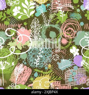 Zartes dunkles Pastell abstrakter floraler Hintergrund nahtlos. Handzeichnung. Nicht AI, Vektorillustration Stock Vektor