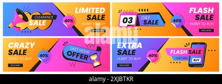 Horizontale Poster oder Banner Design-Vorlagensatz des letzten Angebots. Sonderangebote Promo-Flyer mit Sanduhr, Kalender oder Megaphon. Große Verkäufe, Rabattankündigungen für Online-Einzelhandelsgeschäfte. Stock Vektor