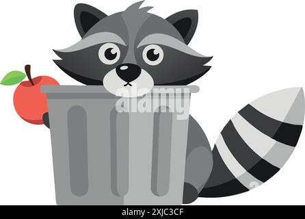 Ein entzückender Waschbär mit Apfel versteckt sich hinter grauer Mülleimer im niedlichen Cartoon-Stil. Vektor-Illustration mit einem verspielten und skurrilen Gefühl. Stock Vektor