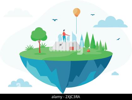 Illustration einer schwimmenden Insel mit einem Mann auf einem Haus, Heißluftballon am Himmel, umgeben von Natur Stock Vektor