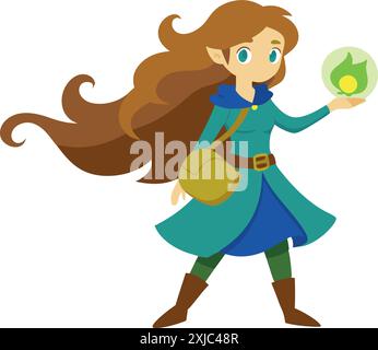 Illustration eines Fantasy-Elfenmädchens mit langen Haaren, das eine leuchtende magische Kugel hält, in einem grün-blauen Outfit gekleidet. Stock Vektor