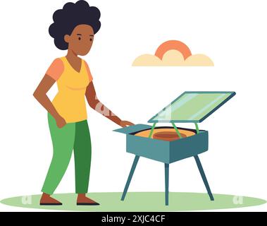 Illustration einer Frau, die draußen mit einem Grill an einem sonnigen Tag grillt. Perfekt für Sommer, Outdoor-Aktivitäten, Grillen und Freizeitaktivitäten in ungezwungener Atmosphäre Stock Vektor