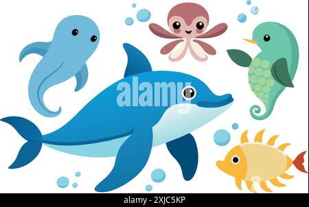 Eine entzückende Illustration verschiedener Zeichentricktiere wie Delfine, Tintenfische und Fische, umgeben von Blasen. Perfekt für Kinder mit Bildungsmaßnahmen Stock Vektor