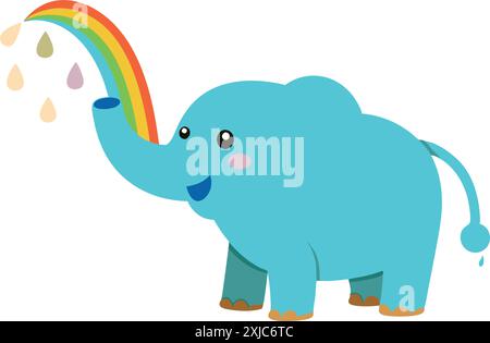 Bezaubernder blauer Comic-Elefant, der bunte Regenbogenwassertropfen sprüht. Lustige und niedliche Illustration, perfekt für Inhalte für Kinder, Lernaktivitäten, A Stock Vektor