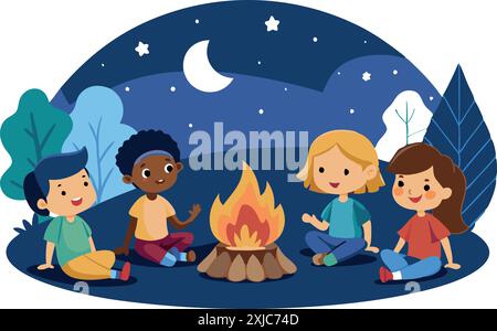 Illustration von vier glücklichen Kindern, die am Lagerfeuer unter einem sternenklaren Nachthimmel mit einem Halbmond sitzen, Geschichten teilen und ihre Zeit genießen Stock Vektor