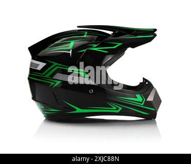 Neuer stylischer Motorradhelm isoliert auf weiß Stockfoto