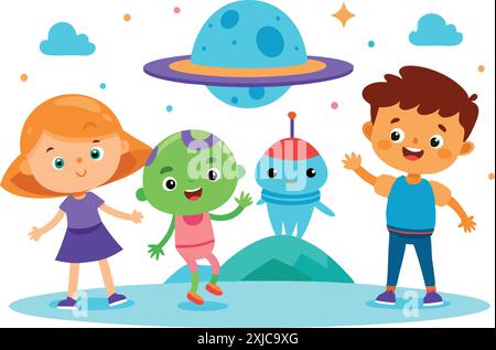 Illustration glücklicher Kinder, die mit bunten Alien-Freunden in einer Weltraumumgebung mit Raumschiff und Planeten spielen. Stock Vektor