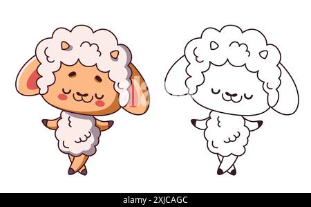 Kawaii Baby Schafe tanzende Zeichentrickfigur der Malseite. Niedliches Lamm mit Tanz bewegt Farbe und lineare Illustration. Kinder buchen Stock Vektor