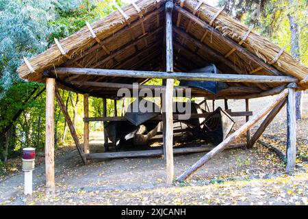 Alte Holzboote unter einem Strohdach. Alte Holzboote, die unter einem Strohdach gelagert werden, im Dimitrie Gusti Village Museum, einem Freilichtmuseum in Buc Stockfoto