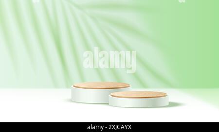 Leeres rundes Podium gegen Palmblattschatten realistische Vektorillustration. Produktpräsentationsständer 3D-Objekt auf grünem Hintergrund Stock Vektor