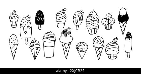 Leckere Eiscremes Kritzellinie Vektor-Symbole bündeln auf weißem Hintergrund. Erfrischendes Dessert-Sortiment handgezeichnete monochrome Illustrationen Stock Vektor