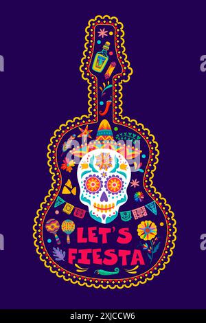 Mexikanisches Zitat Let US fiesta mit musikalischer Gitarre und Calavera Sugar Skull. Vektormotto im Geiste Mexiko. Feiern Sie Leben, Kultur und Freude mit lebendigem Stock Vektor