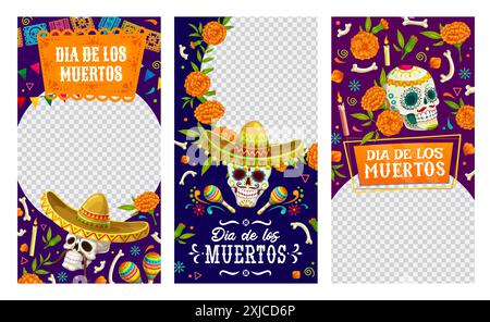 Day of Dead mexikanischer Feiertag Social-Media-Vorlagen für Dia de Los Muertos, Vektorrahmen. Zucker-Calavera-Schädel mit Ringelblumen und Papel-Picado Stock Vektor