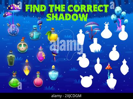 Halloween-Spiel, finde den richtigen Schatten der Tränkflaschen-Puzzle-Arbeitsblatt. Vektor-Kinder-Quiz von passenden Tränkglasflaschen, Magier-Giftfläschchen A Stock Vektor
