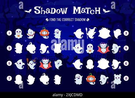 Halloween-Kinderspiel: Finde den richtigen Schatten der niedlichen Kawaii-Geisterfiguren auf dem Vektor-Quiz-Arbeitsblatt auf dem Friedhof. Halloween-Horror-Feiertag passend zum Puz Stock Vektor