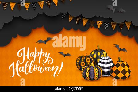 Halloween-Papier schneidet Wolken, Fledermäuse, Weihnachtswulst und Kürbisse mit Muster. 3D-Vektor-Design mit Papierschnitt-Effekt, dekorative Banner, die ein festes Design schaffen Stock Vektor
