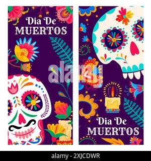 Tag der Toten mexikanische Dia de los muertos-Feiertagsbanner. Calavera Zucker Schädel, Kerzen und tropische Blumen. Vertikale Vektorkarten mit Calaca HE Stock Vektor