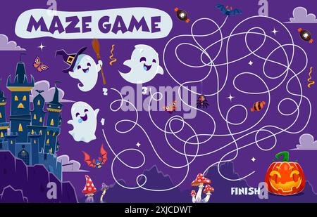Halloween Labyrinth Labyrinth Spiel. Hilf dem Kürbis, einen süßen Kawaii-Geistercharakter zu finden. Kinder-Vektor-Brettspiel mit verworrenem Weg, Anfang und Ende, Zeichentrick Stock Vektor