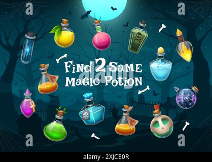 Kinder Spiel, finde zwei gleiche Halloween Trank Flaschen Vektor Arbeitsblatt auf Friedhof Hintergrund. Halloween-Feiertag-Quiz-Puzzle mit Zeichentrickhexe m Stock Vektor