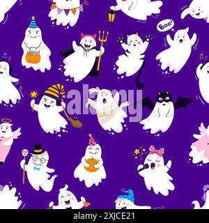 Cartoon Halloween Kawaii Geister nahtloses Muster. Halloween Feiertag Nacht Monster Charaktere Vektor Hintergrund. Süße Geister mit Trick or Treat Kürbis Stock Vektor