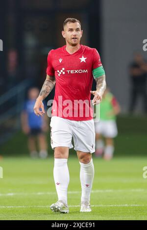 Krakau, Polen. Juli 2024. Alan Uryga aus Wisla Krakau wurde während des Ausscheidungsspiels der UEFA Europa League 2024/2025 zwischen Wisla Krakau und KF Llapi Podujevo im City Stadium gesehen. Endpunktzahl: Wisla Krakau 2:0 KF Llapi Podujevo. (Foto: Grzegorz Wajda/SOPA Images/SIPA USA) Credit: SIPA USA/Alamy Live News Stockfoto