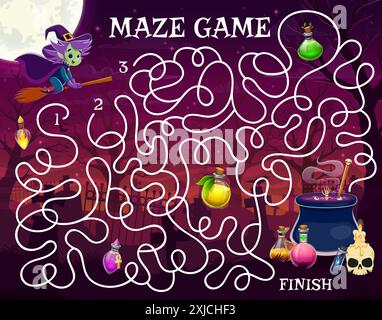Halloween Labyrinth Labyrinth Quiz Spiel, helfen Sie Hexen finden eine Zaubertrank Flaschen auf Friedhof Vektor Arbeitsblatt. Kinder Puzzle mit Zeichentrickhexe, die auf b fliegt Stock Vektor