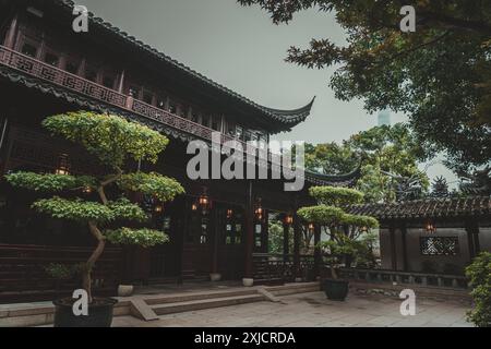 Ein traditionelles chinesisches Gebäude mit einer Holzfassade und einem geschwungenen Dach steht inmitten üppiger Grünanlagen im Yu-Garten von Shanghai, China. Stockfoto