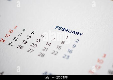Kalenderseite für Februar mit Monaten und Daten Stockfoto