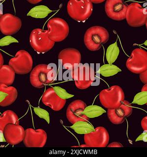 Nahtloses Aquarellmuster mit saftigen, lebendigen Kirschen. Dunkler Hintergrund für Küchendekor, Rezepte, Textilien, Marmelade Etiketten, Schürzen, Verpackung Stockfoto