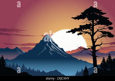 Eine Vektor-Illustration des Landscape Mountain Moon Nacht Hintergrund Stock Vektor