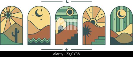 Boho-Logo mit Wüstenbergen und Kakteen. Minimale Darstellung des böhmischen Vektors. Abstrakte Fenster mit Naturlandschaft. Bogensatz mit Oase Stock Vektor