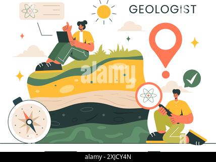 Geologe Vektor-Illustration mit Bodenanalyse und Eigenschaften der Erde für Wissenschaft, Forschung oder Expedition in Flat Cartoon Hand gezeichneter Hintergrund Stock Vektor