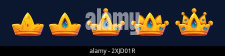 Die Kronen des Spielfortschritts werden isoliert auf schwarzem Hintergrund gesetzt. Vektor-Karikaturillustration der goldenen königlichen Dekoration mit blauen Edelsteinen, Diamantkristallen, Spielerfolgszeichen, Monarchie-Macht-Symbol Stock Vektor