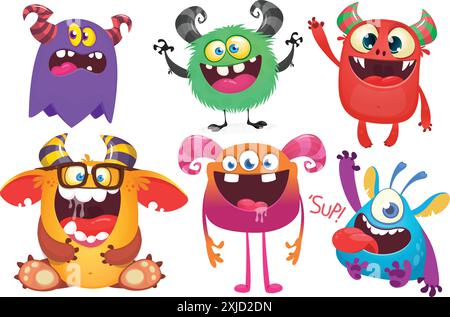 Lustige Comic-Monster mit unterschiedlichen Gesichtsausdrücken. Set von Comic Vektor Happy Monster Charaktere. Halloween-Design für Partydekoration oder Pack Stock Vektor