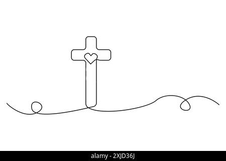 Kreuz mit Herz. Durchgehende Strichgrafik. Minimalistisches christliches Symbol. Vektorabbildung. Stock Vektor