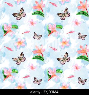 Tropische rosafarbene Plumeria-Blüten mit Bohnen und Flecken. Aquarellillustration nahtloses Muster auf weißem Hintergrund. Für Design und Dekor, Stoffe und Stockfoto