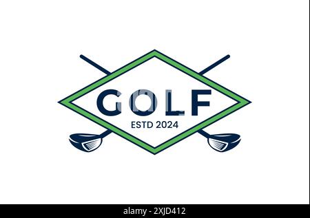 Modernes und stilvolles Golfclub-Logo mit grünem und blauem Emblem mit gekreuzten Golfschlägern und einer Rautenform Stock Vektor