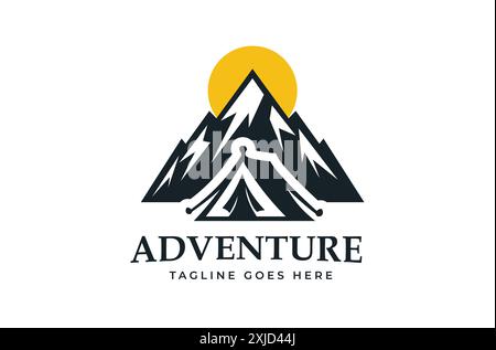 Abenteuer-Logo Bold Mountain und Zelt Design mit Sonnensymbol für Outdoor-Erkundungen und Camping Stock Vektor