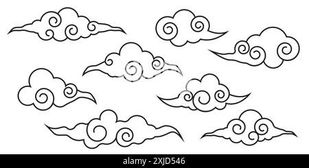 Japanisches Wolkenset, asiatisches traditionelles gewelltes Lockenschmuck. China-Ornament, östliche Deko-Kritzelei, Linie. Wolken fließen mit dem Wind am Himmel. Vektorabbildung Stock Vektor