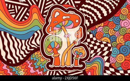 Ausmalseite mit psychedelischen Pilzen und Fliegenpilzen. Stock Vektor