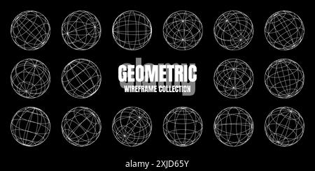 Drahtmodellformen, gefütterte Kugel. Perspektivisches Netz, 3D-Raster. Geometrische Elemente mit niedrigem Poly. Futuristische Retro-Designelemente, y2k, Vaporwave und Synthwave Stock Vektor