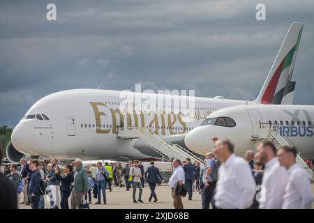 Emirates Airbus A380, ILA 2024, Internationale Luft- und Raumfahrtausstellung Berlin, Schönefeld, Brandenburg, Deutschland Stockfoto