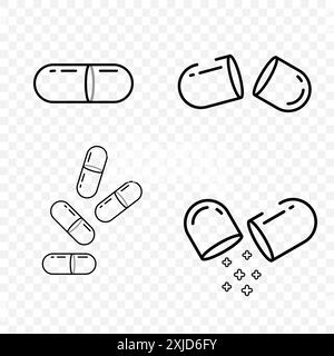 Schwarze Linie Vektorsymbole von Pillen und Medikamenten für die Pharmazie. Silhouette der Pille Stock Vektor