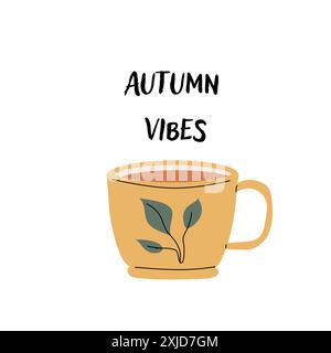 Herbst-Kartenschablone mit saisonalen Blättern und Artikeln. Feierliches Design mit handgezeichneten Kuschelelementen und Ernteelementen. Stock Vektor