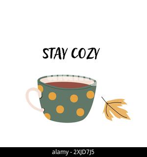 Herbst-Kartenschablone mit saisonalen Blättern und Artikeln. Feierliches Design mit handgezeichneten Kuschelelementen und Ernteelementen. Stock Vektor